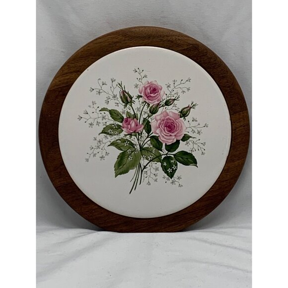 Wood Trivet with Ceramic Pink Floral Trivet Giftwood Inc Tenn - Picture 1 of 5